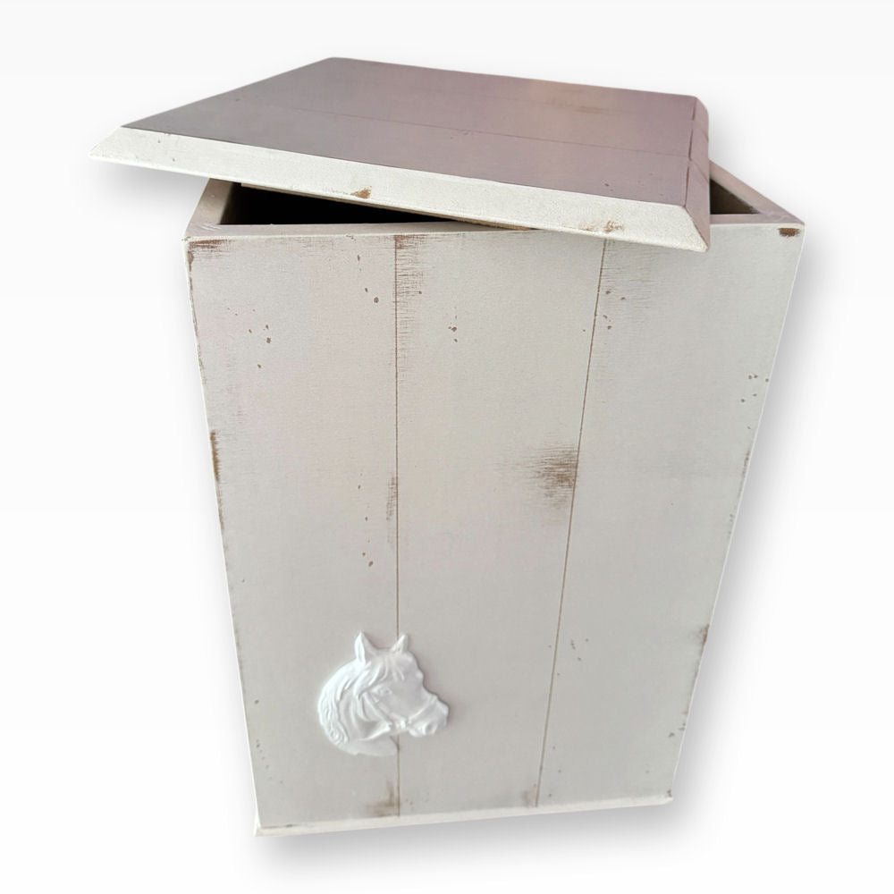 Pferdeurne aus Holz 36 Liter im weißen Shabby-Landhausstil mit Pferdekopf