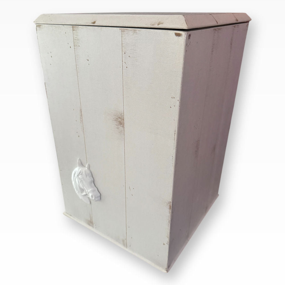 Pferdeurne aus Holz 36 Liter im weißen Shabby-Landhausstil mit Pferdekopf