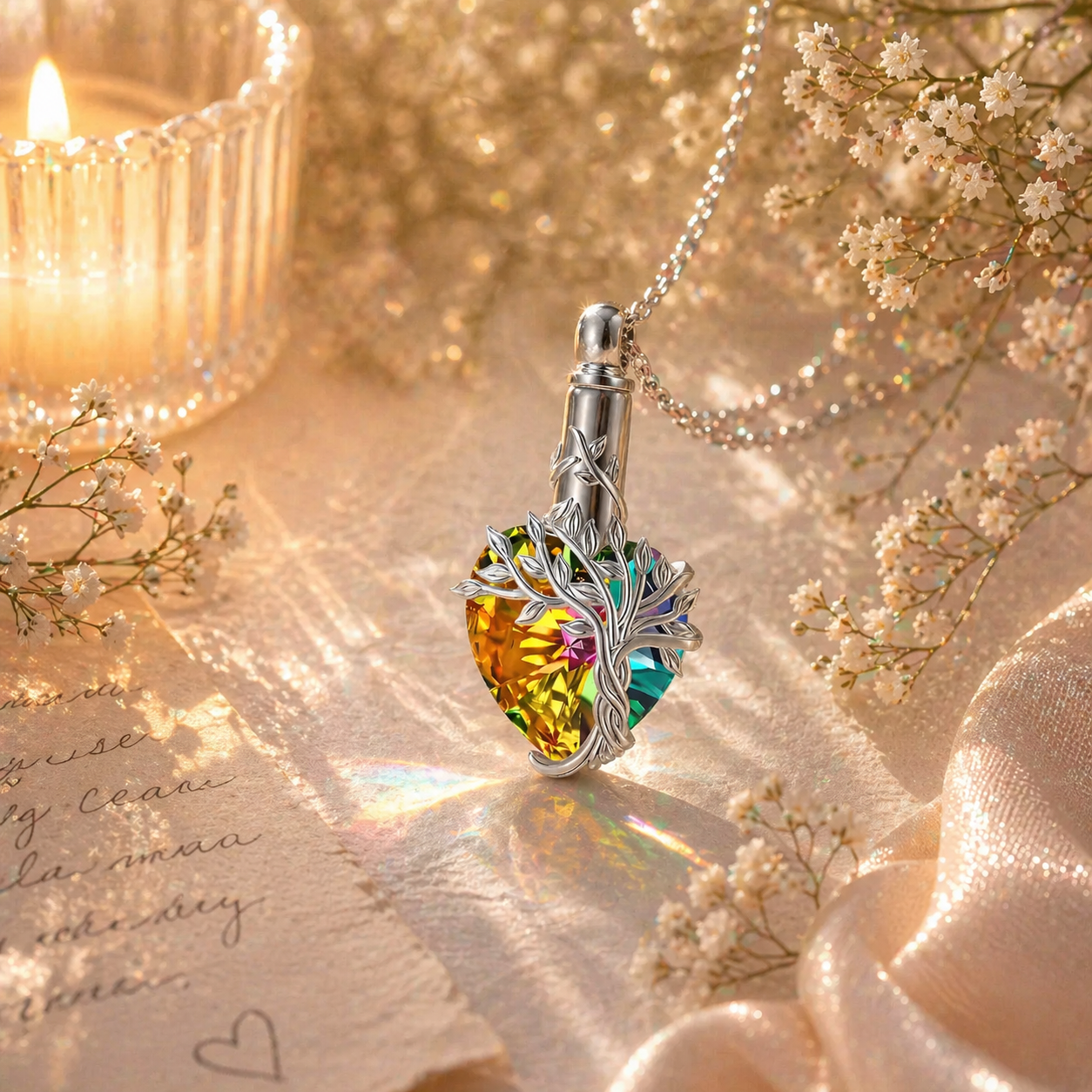 Monello Ascheschmuck Kette mit funkelndem Herzanhänger Lebensbaum