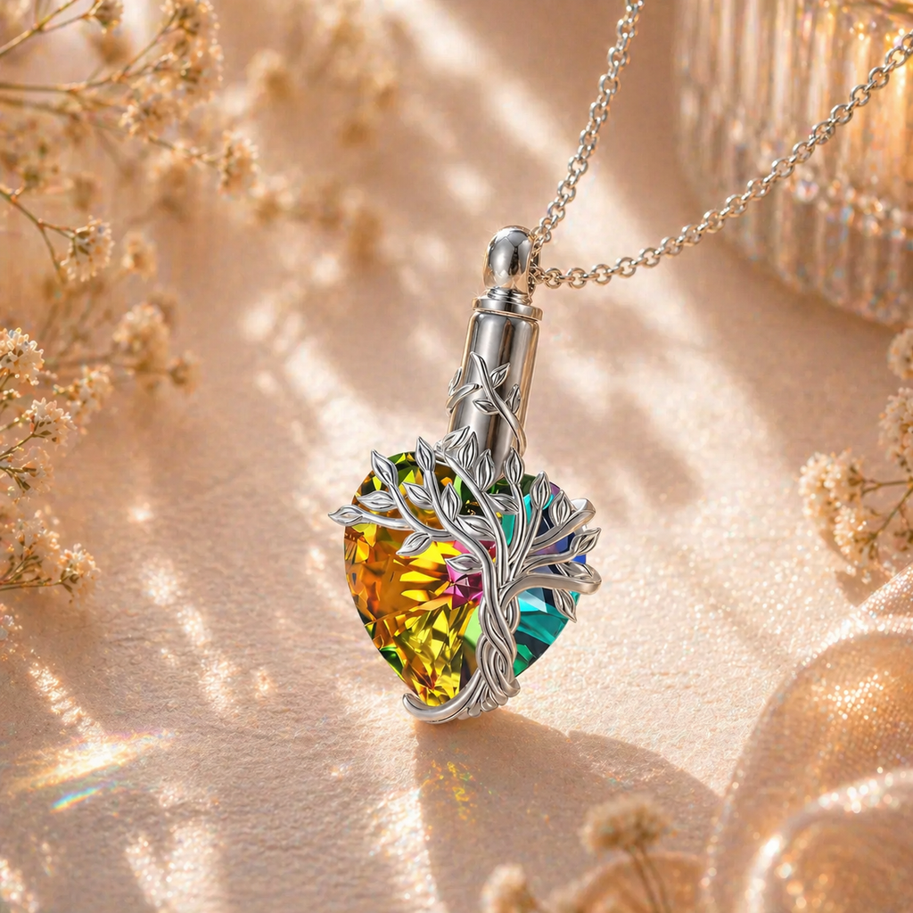 Monello Ascheschmuck Kette mit funkelndem Herzanhänger Lebensbaum