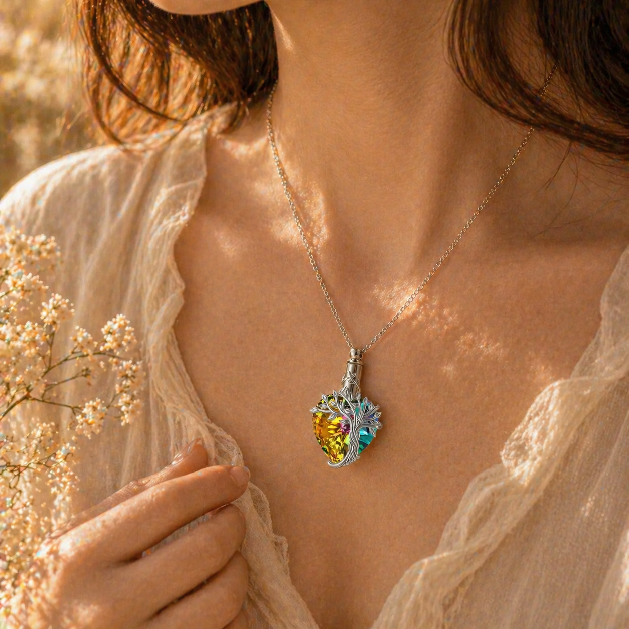 Monello Ascheschmuck Kette mit funkelndem Herzanhänger Lebensbaum