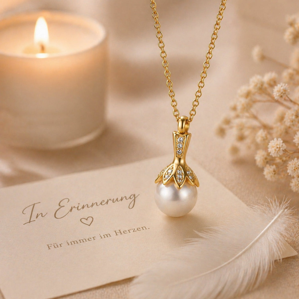 Goldener Ascheschmuck-Anhänger mit Perle und Strass an Kette