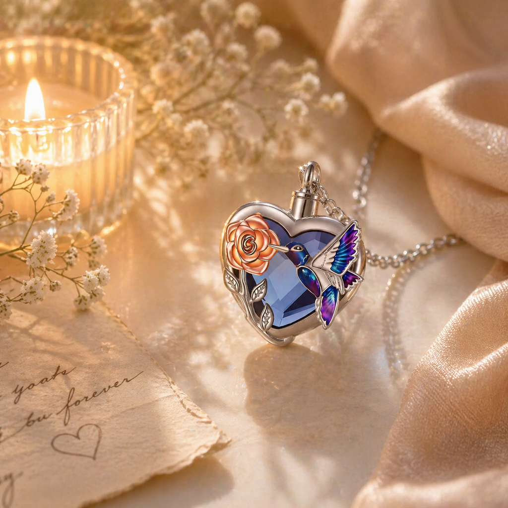 Monello Ascheschmuck Kette mit funkelndem Herzanhänger Spotttölpel und Rose