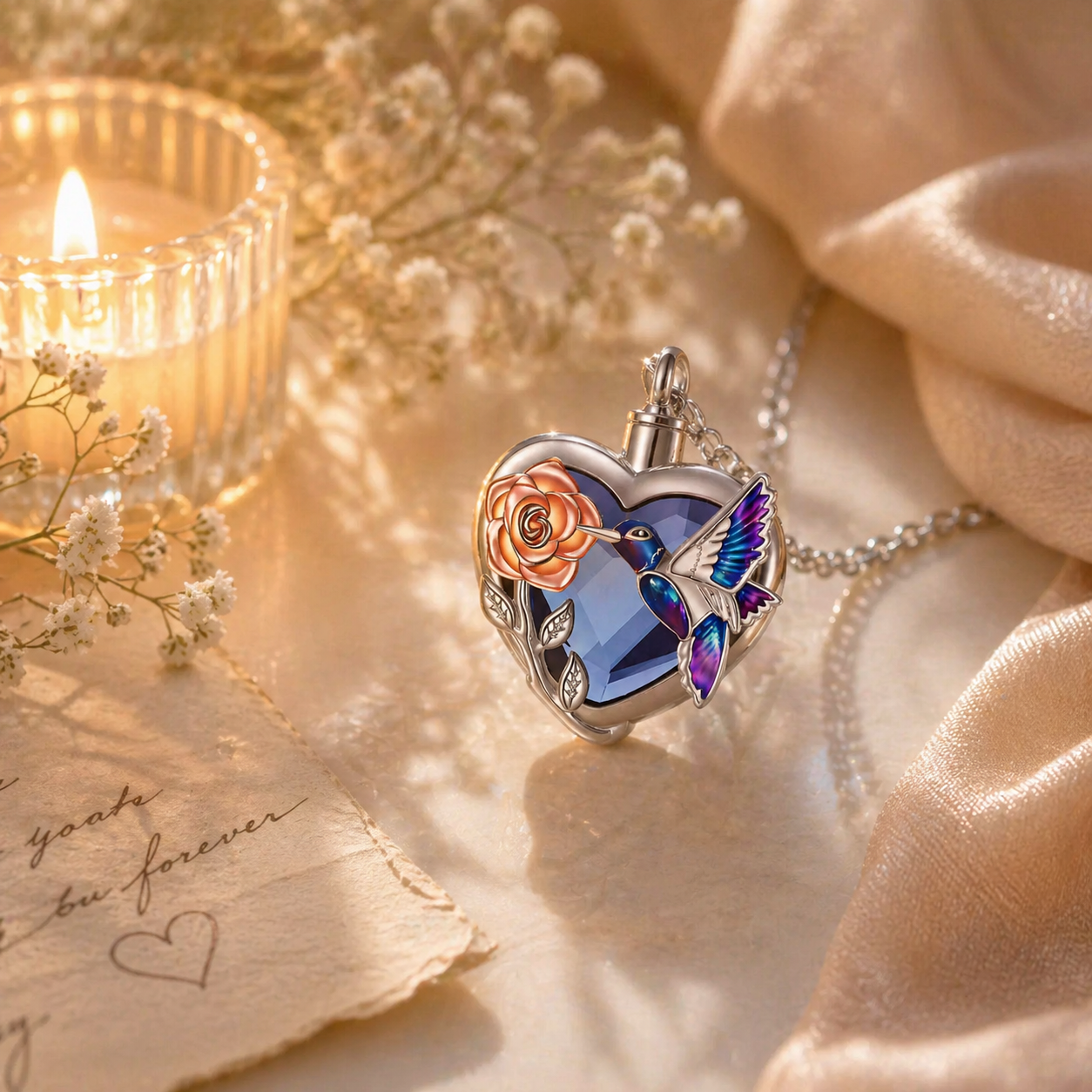 Monello Ascheschmuck Kette mit funkelndem Herzanhänger Spotttölpel und Rose