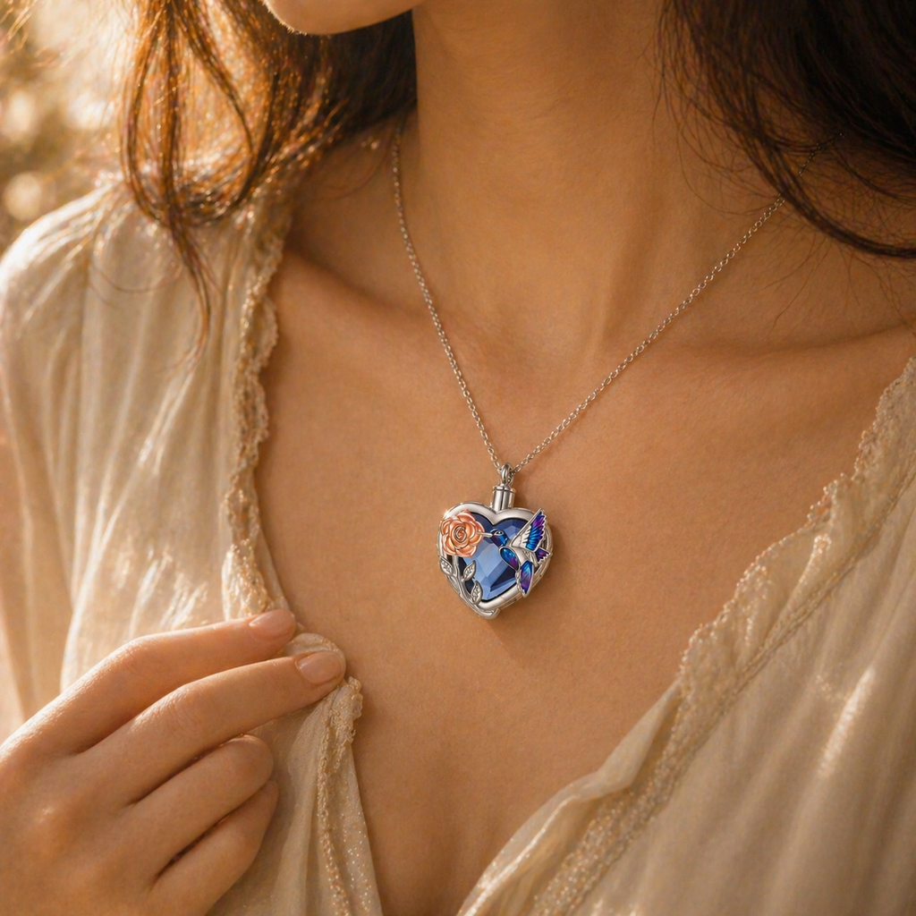 Monello Ascheschmuck Kette mit funkelndem Herzanhänger Spotttölpel und Rose