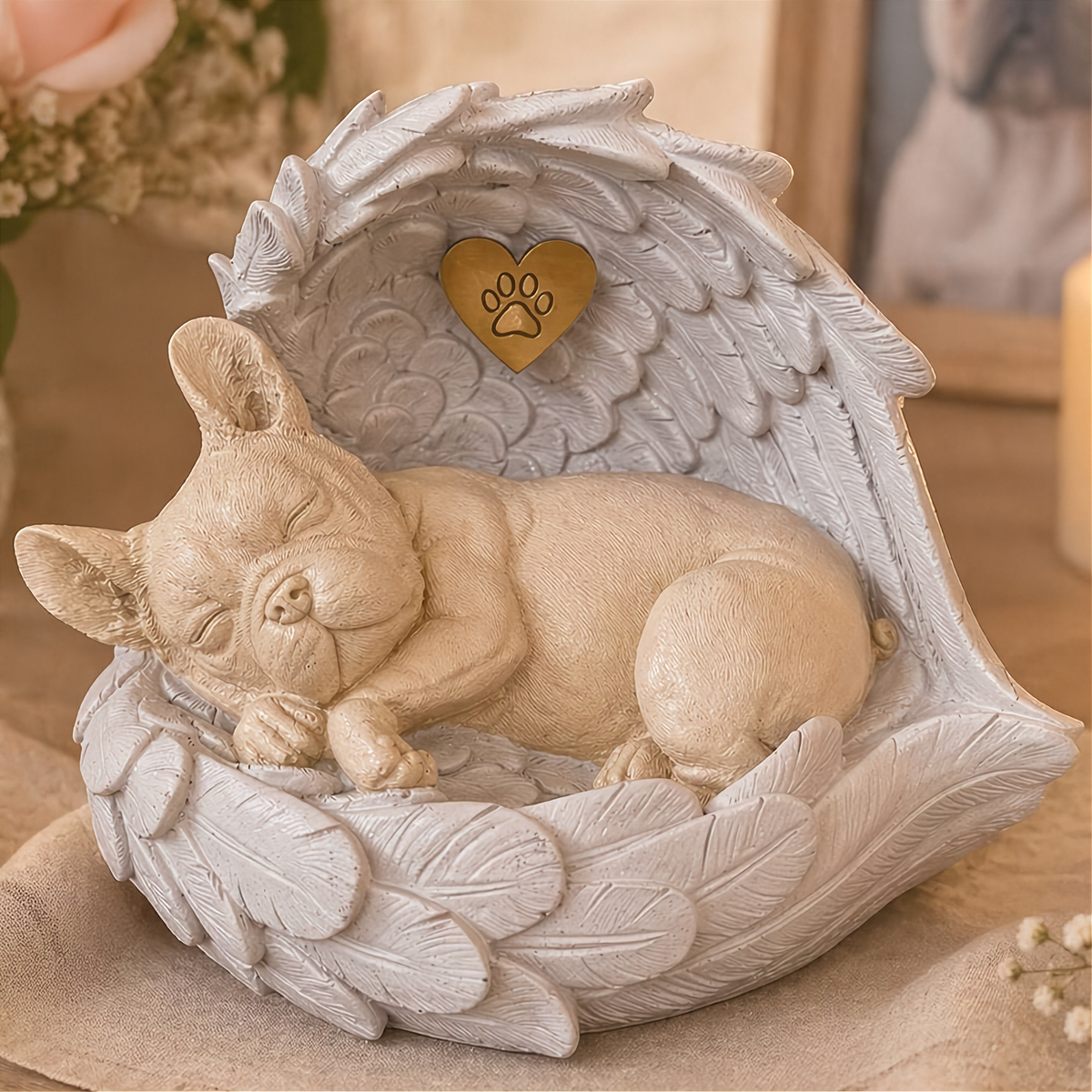 Monello Hundeurne Deluxe Französische Bulldogge in Engelsflügeln mit goldenem Pfotenherz