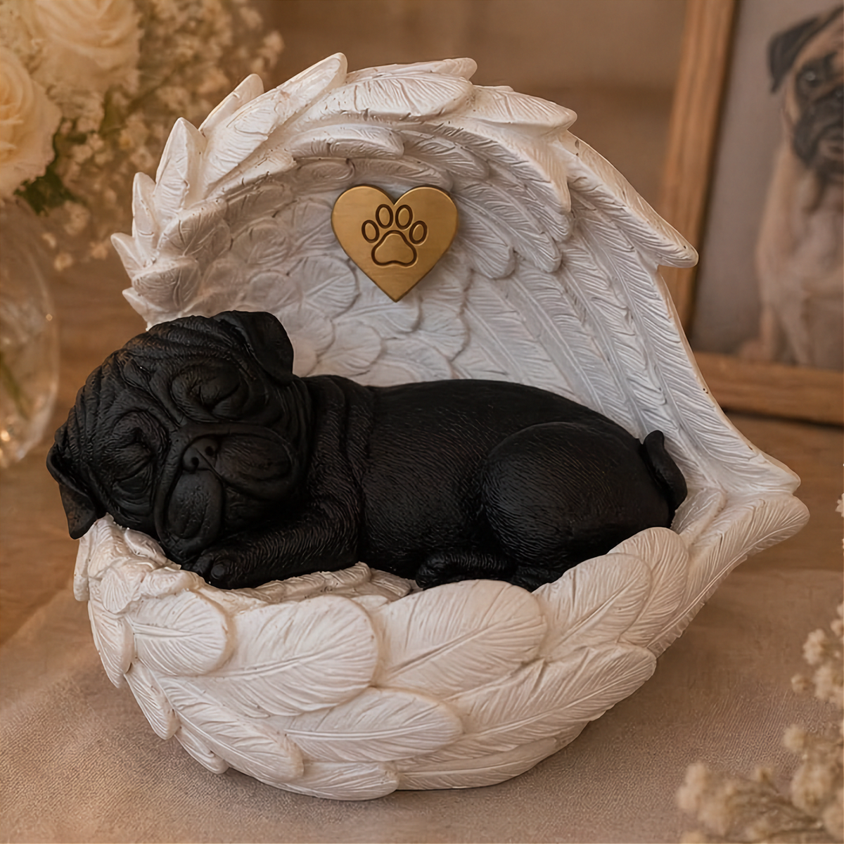Monello Hundeurne Deluxe Mops in Engelsflügeln mit goldenem Pfotenherz