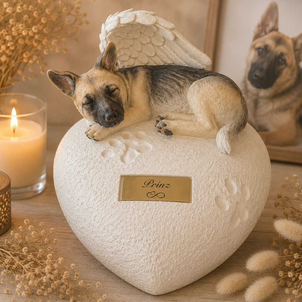 Monello® Hundeurne Hund auf Herz Stehende Ohren bemalt nach Fotovorlage
