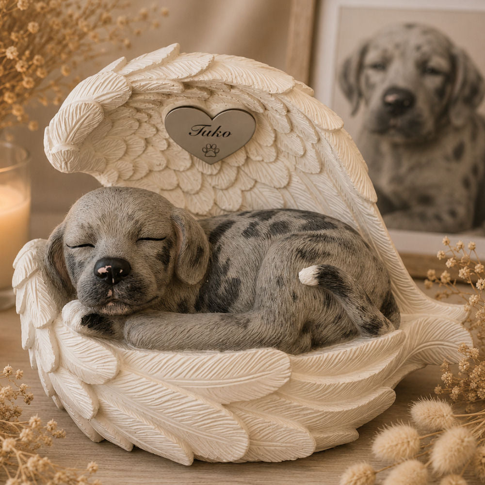 Monello® Hundeurne Hund in Engelsflügel bemalt nach Fotovorlage