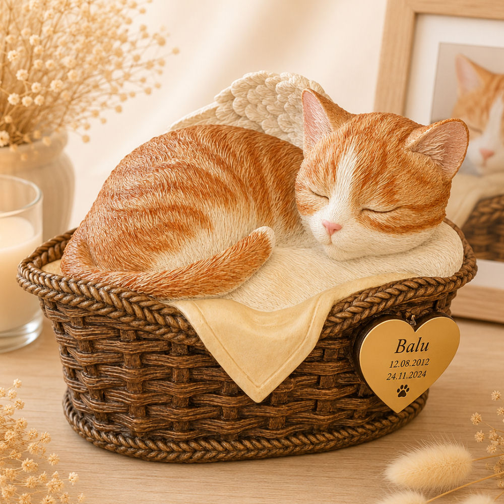 Monello® Tierurne Katze im Körbchen bemalt nach Foto