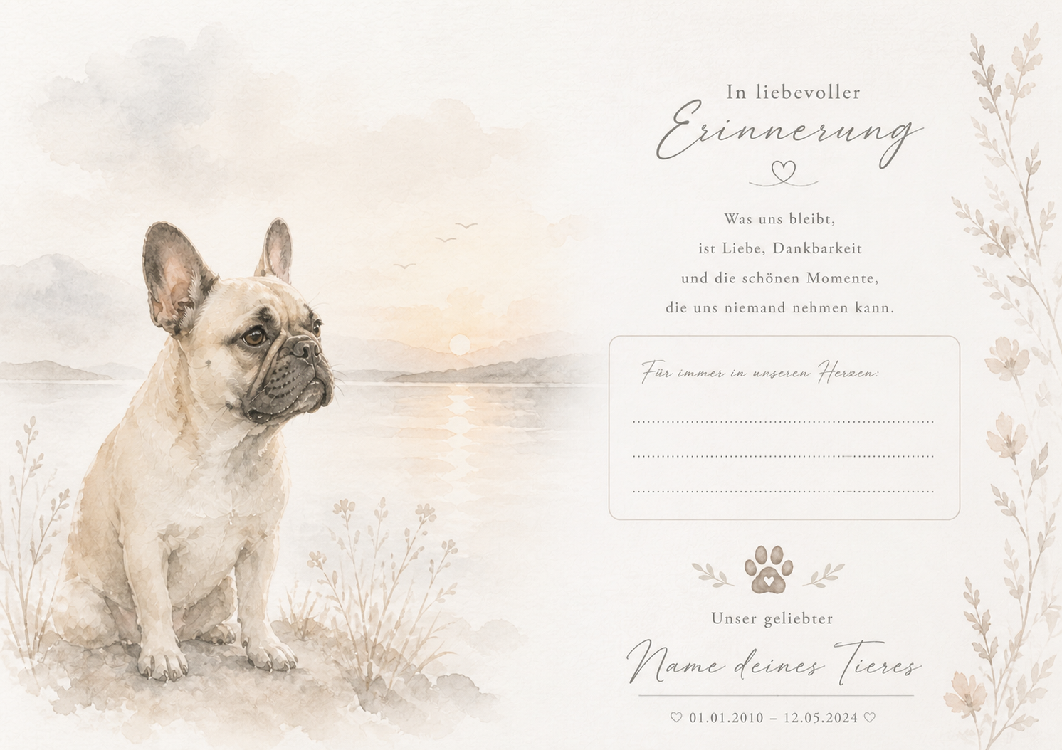 Personalisierbare Trauerkarte für Haustiere Aquarell