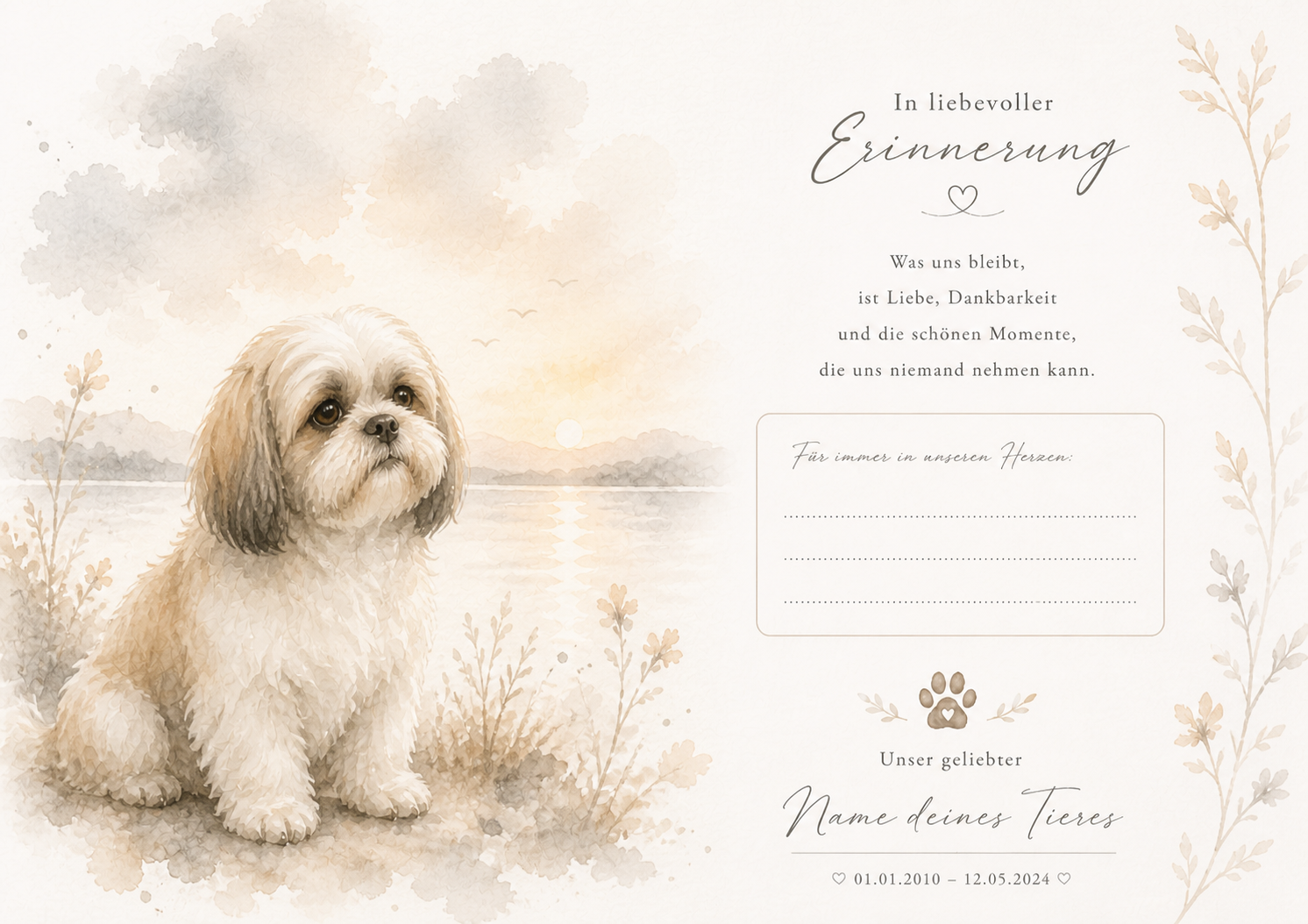 Personalisierbare Trauerkarte für Haustiere Aquarell