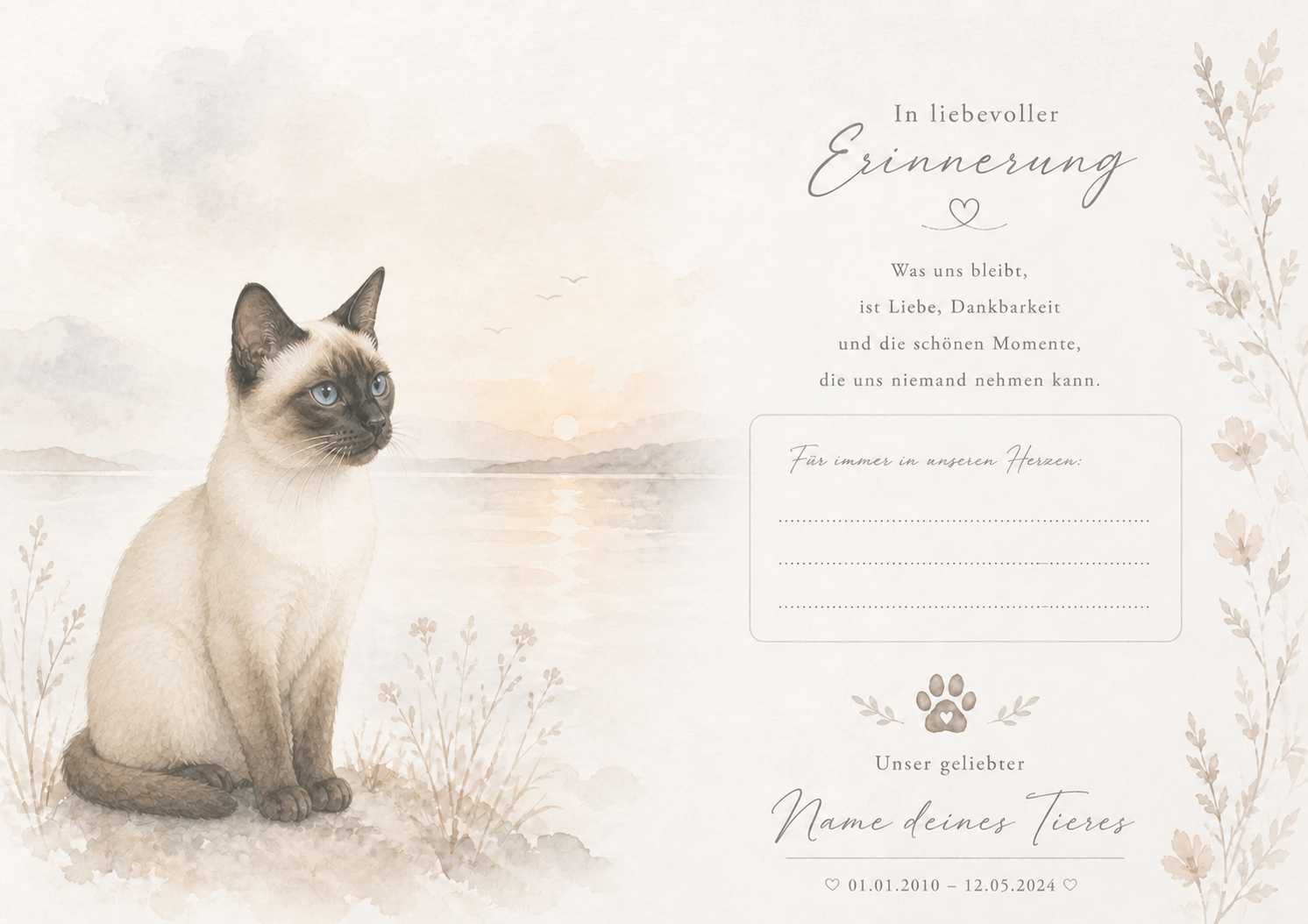 Personalisierbare Trauerkarte für Haustiere Aquarell