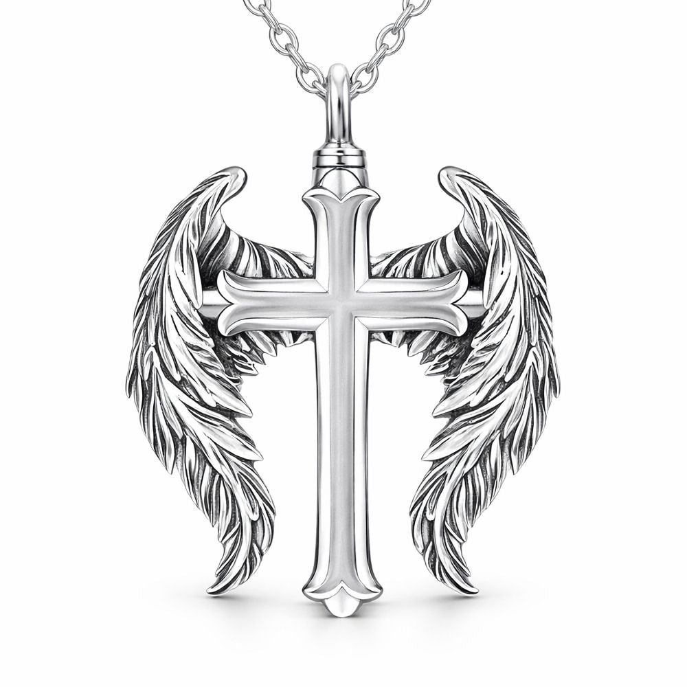 Monello Ascheschmuck Kette mit Anhänger Großes Kreuz mit Engelsflügel