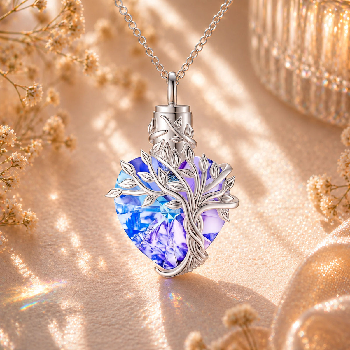 Monello Ascheschmuck Kette mit funkelndem Herzanhänger Lebensbaum