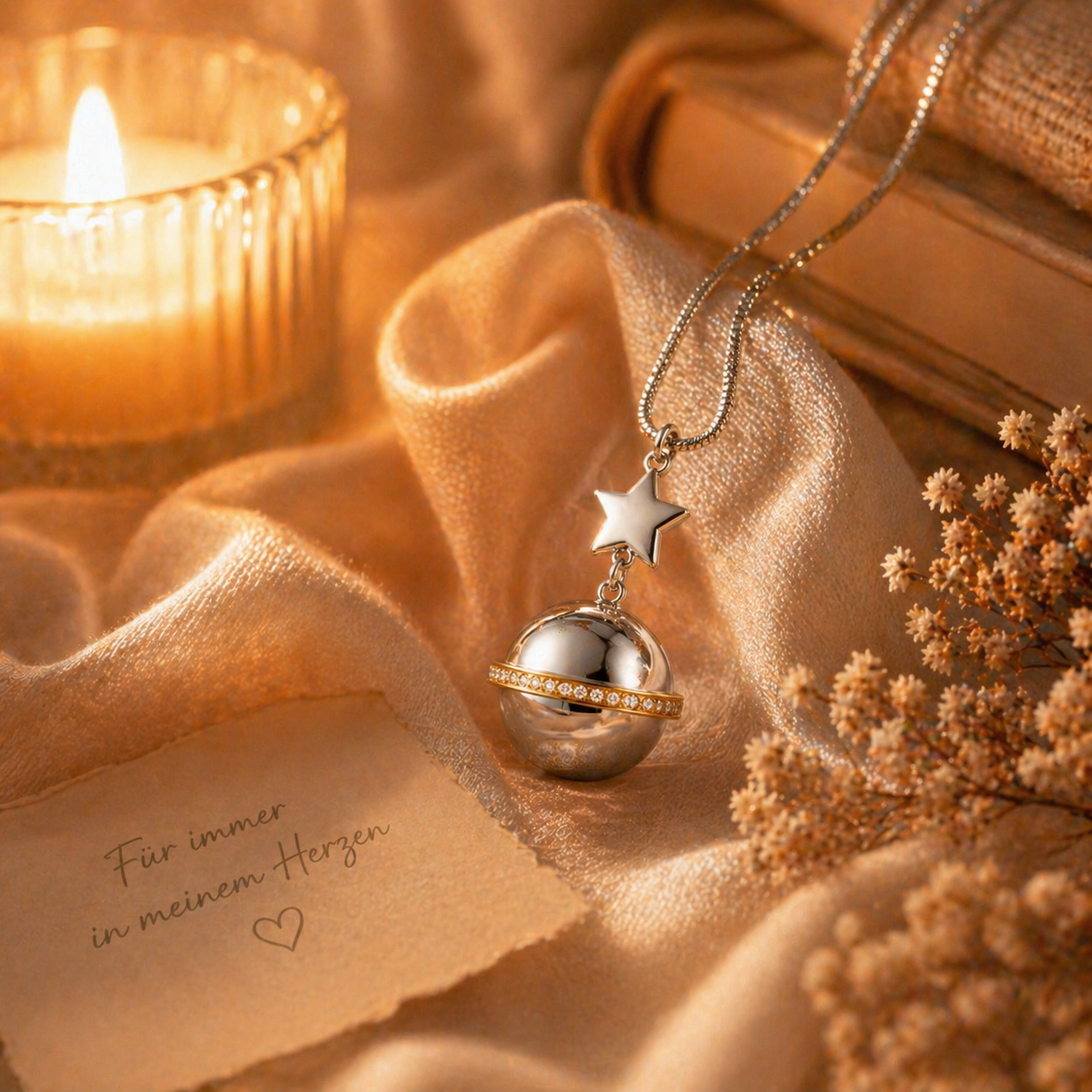 Monello Ascheschmuck Kette mit Anhänger Satellit mit Stern und Strass