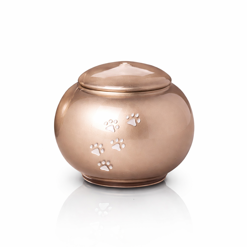 Bauchige Tierurne aus Glas mit Pfotenspur