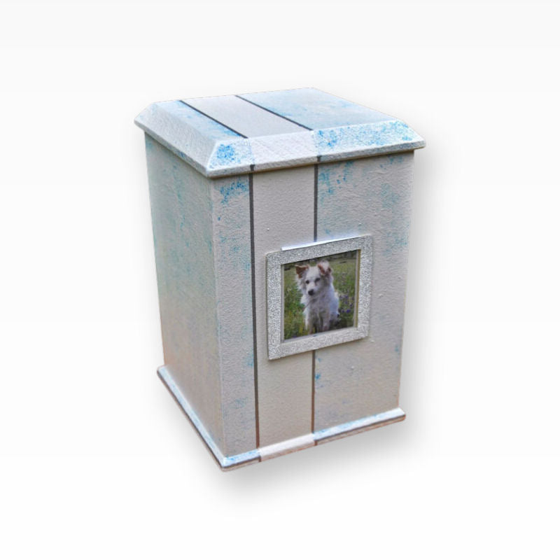 Tierurne Shabby Blau mit Teelicht und Bilderrahmen