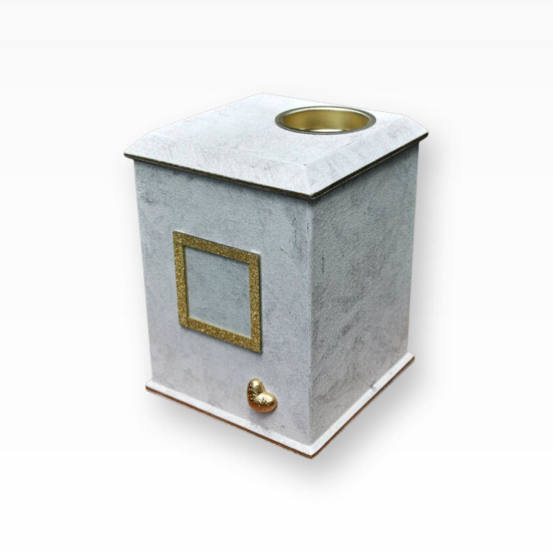 Tierurne Shabby Weiss Gold mit Teelicht und Bilderrahmen