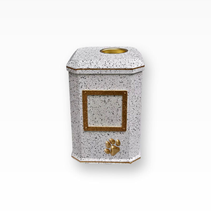 Tierurne Weissgesprenkelt Gold mit Teelicht und Bilderrahmen