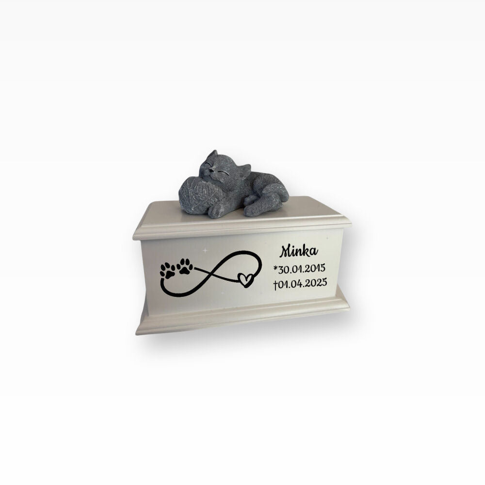 Katzenurne Edle Holzurne mit Katzenfigur Katze mit Wollknäul