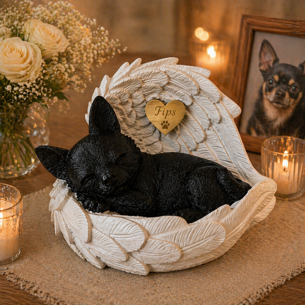 Monello® Hundeurne Deluxe Chihuahua in Engelsflügeln mit Gravur