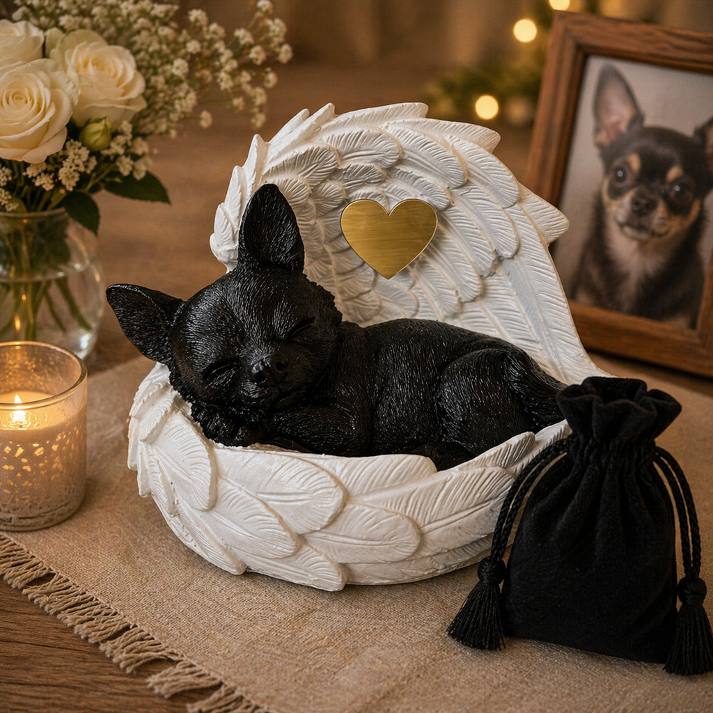 Monello® Hundeurne Deluxe Chihuahua in Engelsflügeln mit Gravur