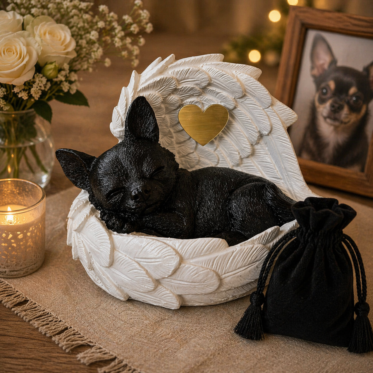 Monello® Hundeurne Deluxe Chihuahua in Engelsflügeln mit Gravur