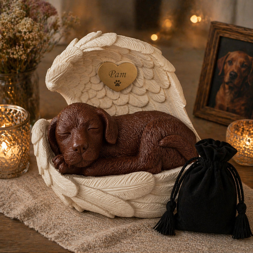 Monello Hundeurne Deluxe goldener Hund in schwarzen Engelsflügeln mit Gravurherz