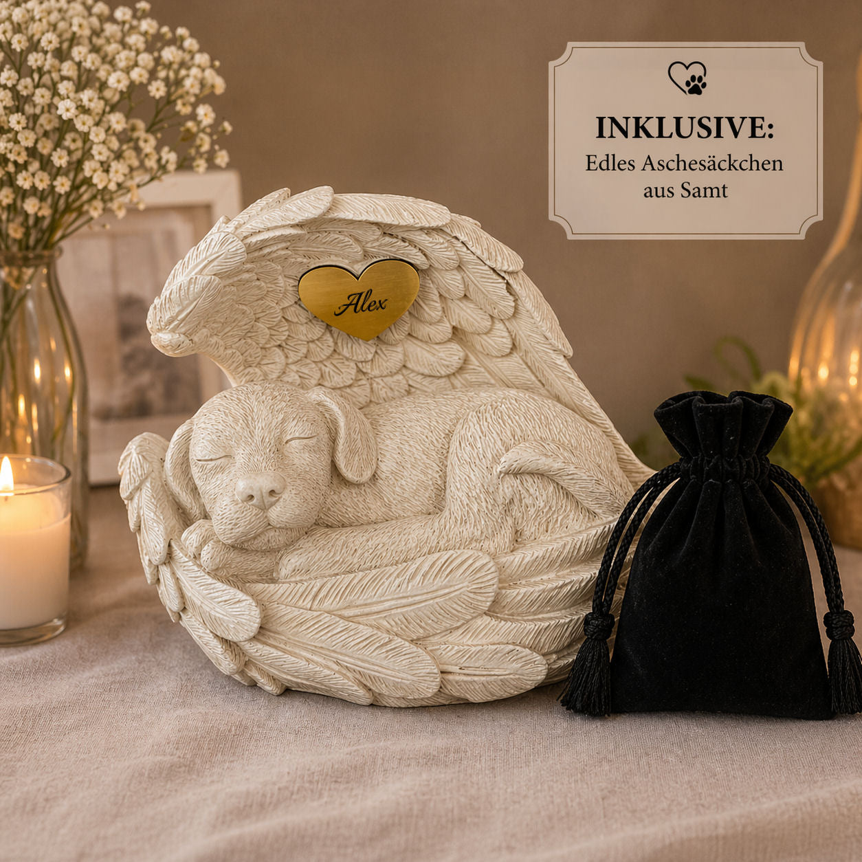 Monello® Hundeurne mit Engelsflügeln mit Gravur
