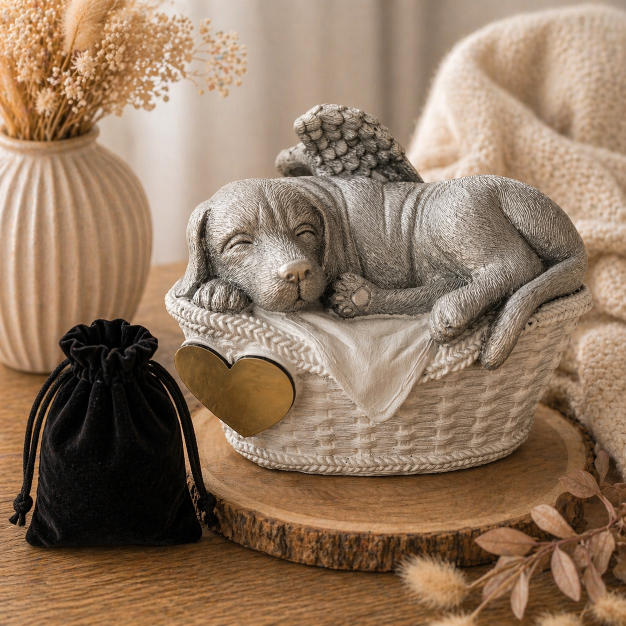 Monello® Hundeurne Deluxe Hund im Korb mit Gravur