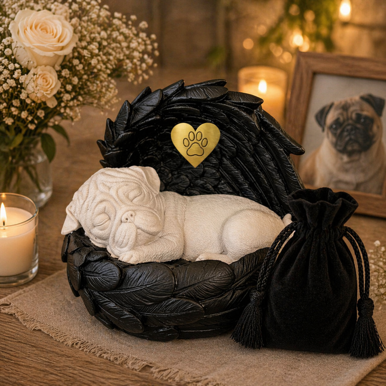 Monello® Hundeurne Deluxe Mops in Engelsflügeln mit Gravur