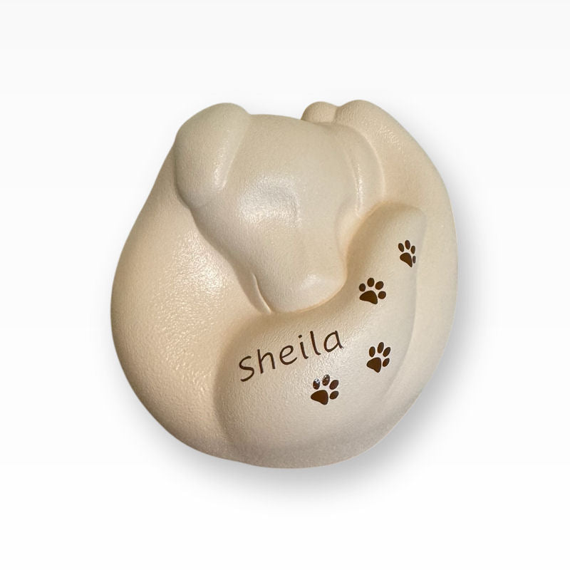 Hundeurne Porzellan Schlafender Hund in Hand