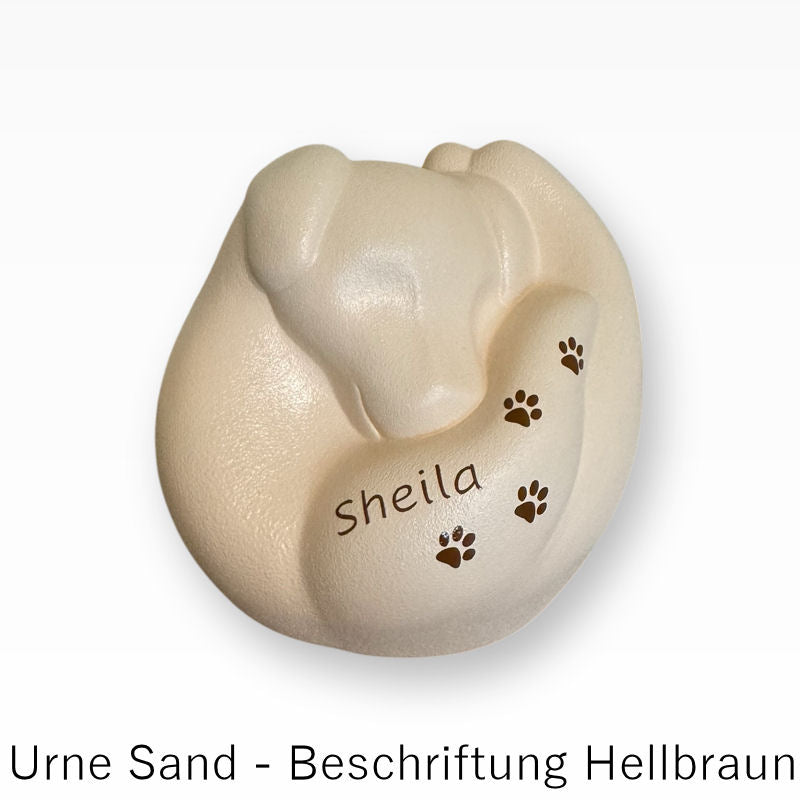 Hundeurne Porzellan Schlafender Hund in Hand