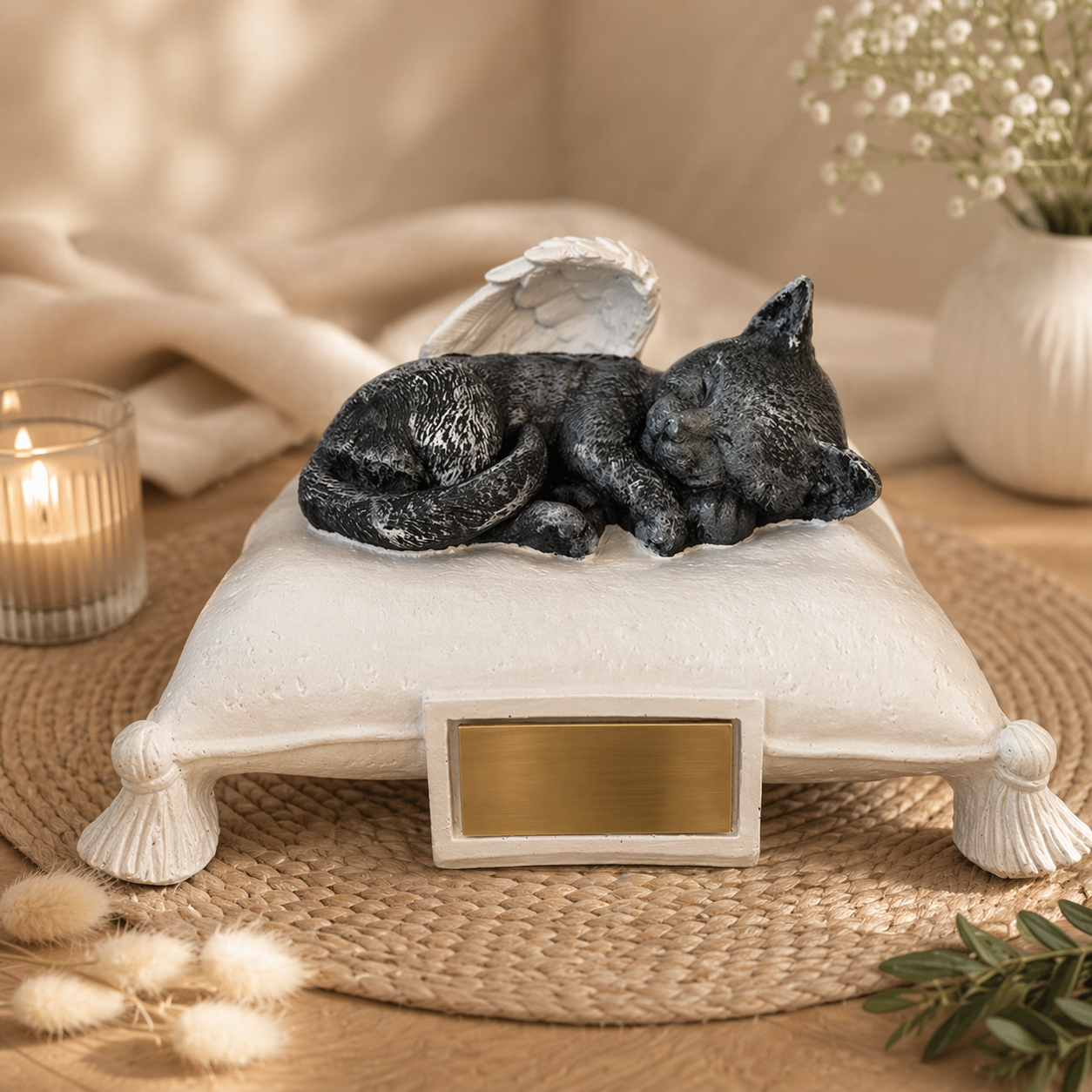 Monello® Katzenurne Deluxe Katze auf Kissen mit Gravur
