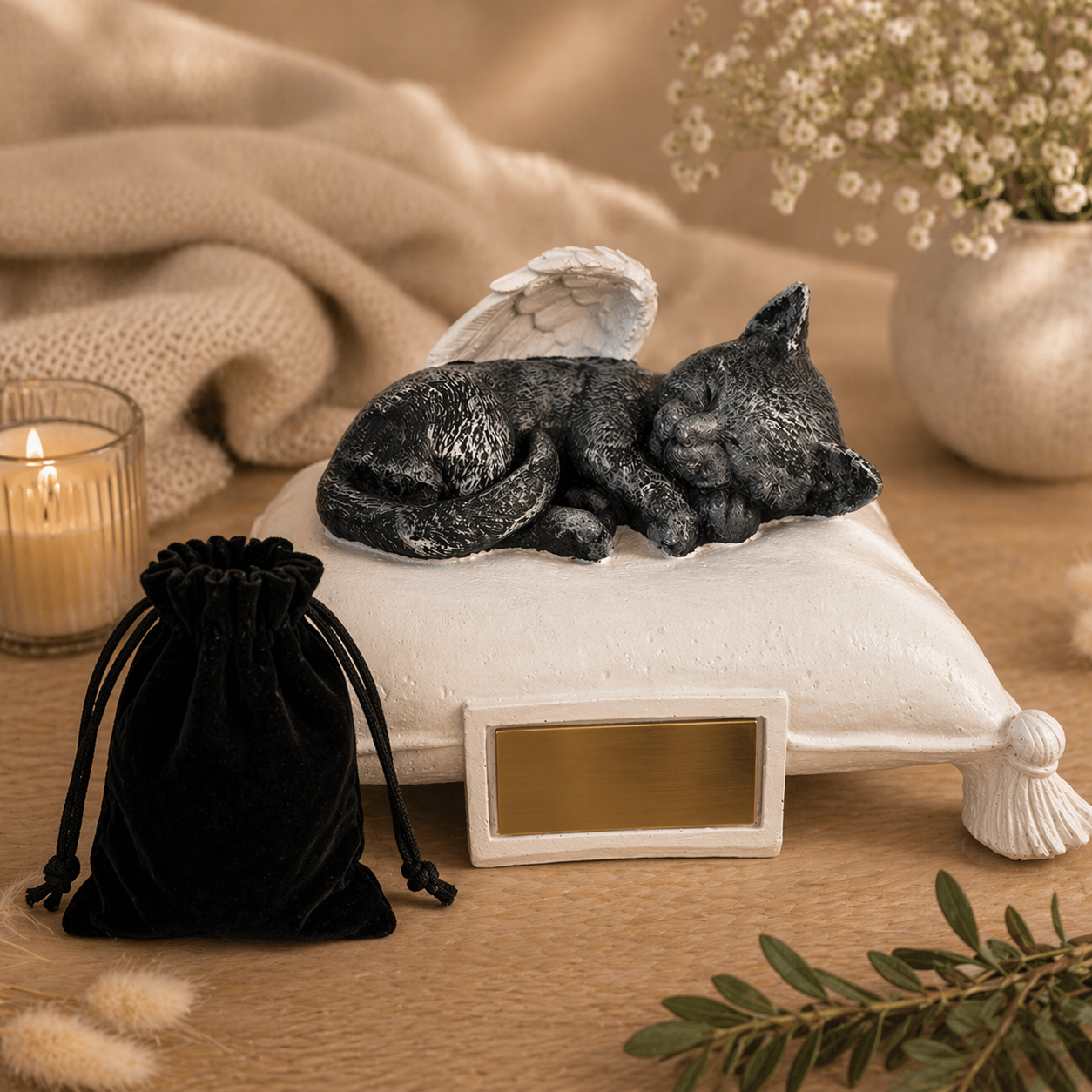 Monello® Katzenurne Deluxe Katze auf Kissen mit Gravur