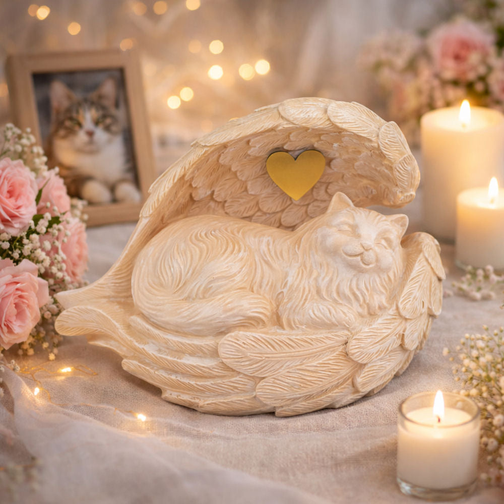 Monello® Katzenurne Langhaar Katze mit Engelsflügeln – personalisierbare Tierurne mit Gravur