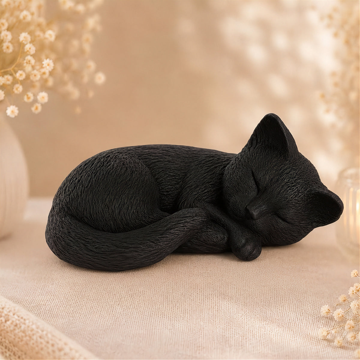 Schwarze Katzenurne Schlafende Katze in ruhiger Gedenkszene