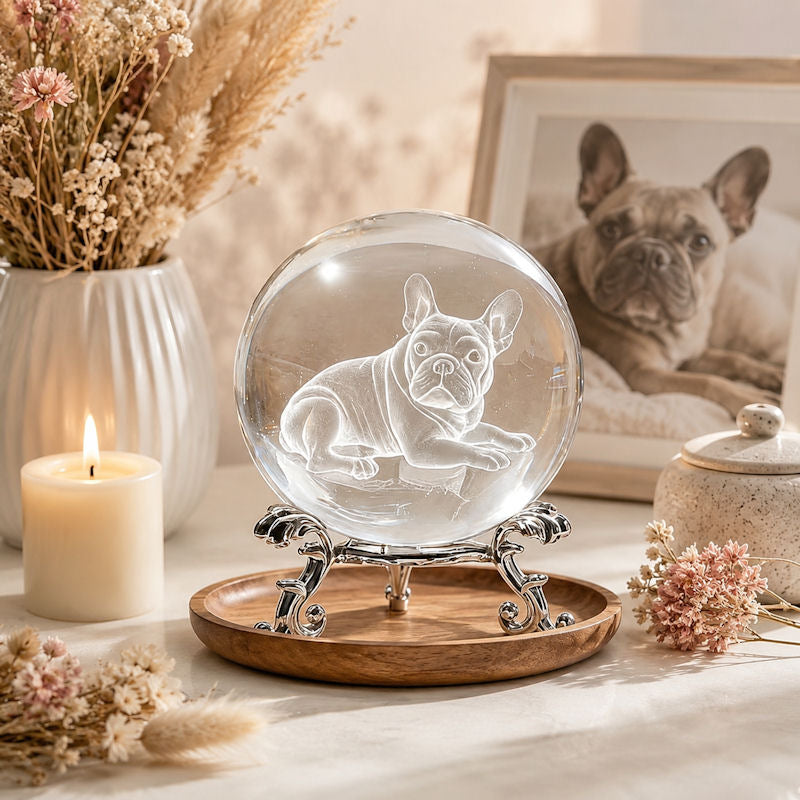 Kristallkugel Französische Bulldogge mit 3D-Lasergravur