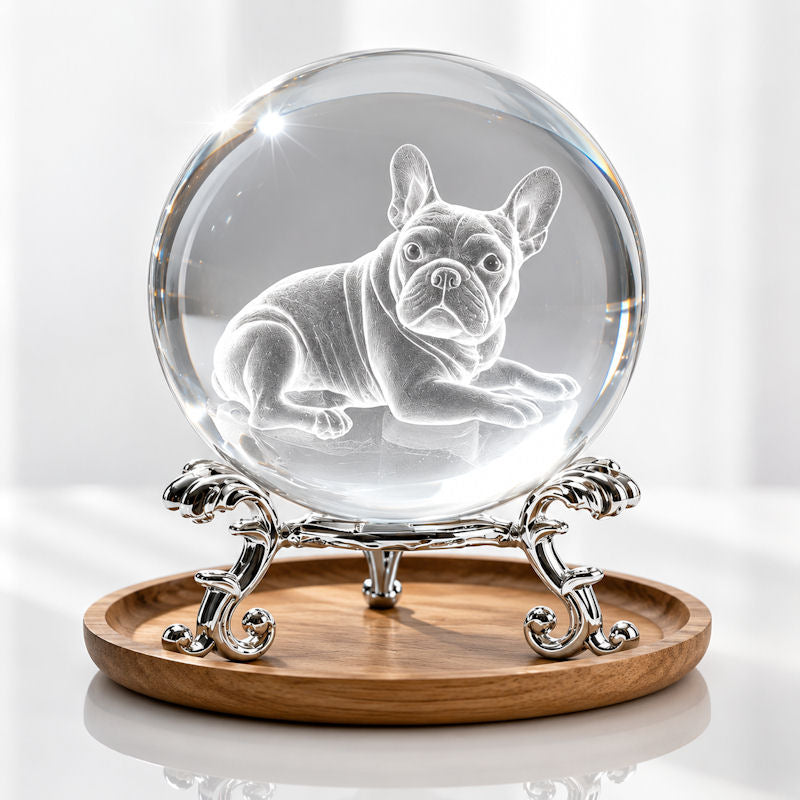 Kristallkugel Französische Bulldogge mit 3D-Lasergravur