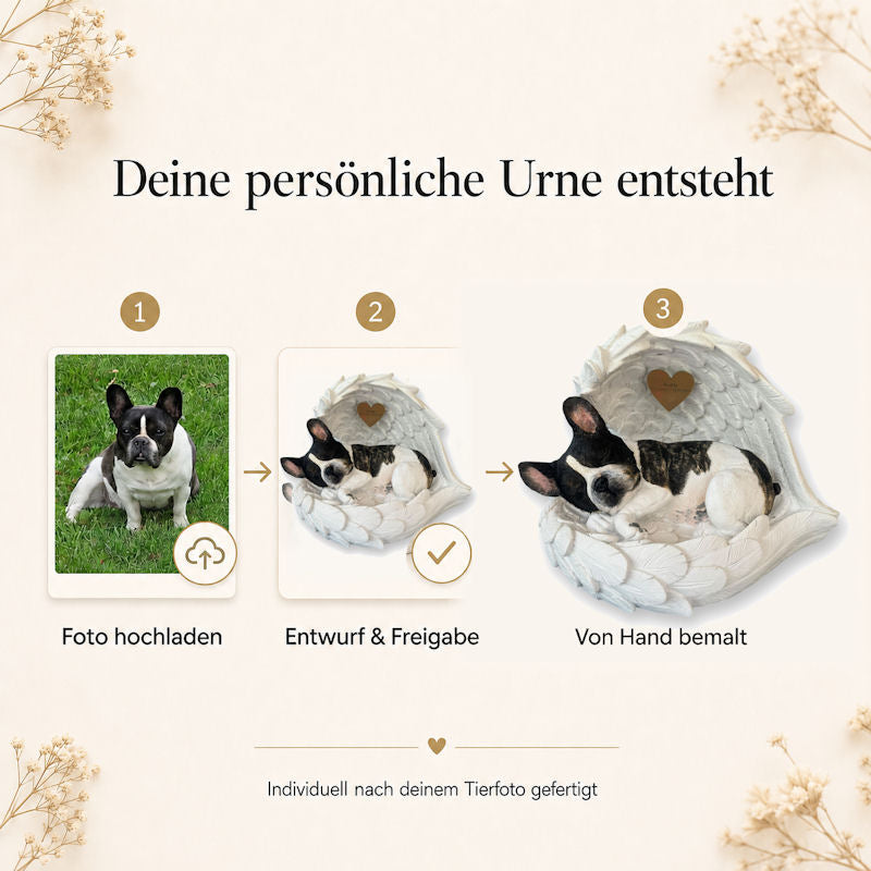 Monello® Tierurne nach Foto – individuelle Tierfigur in Engelsflügeln