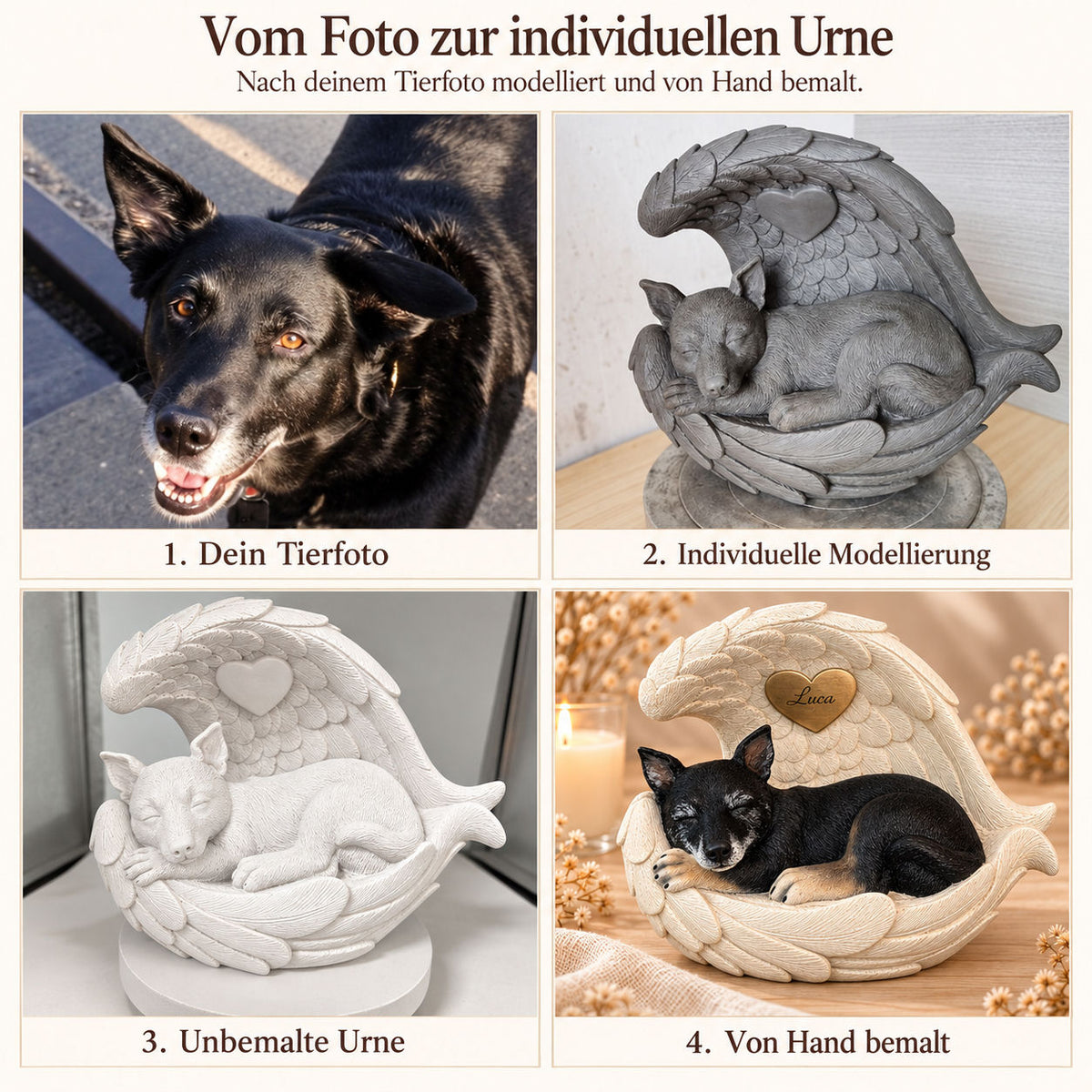 Monello® Tierurne nach Foto – individuelle Tierfigur in Engelsflügeln