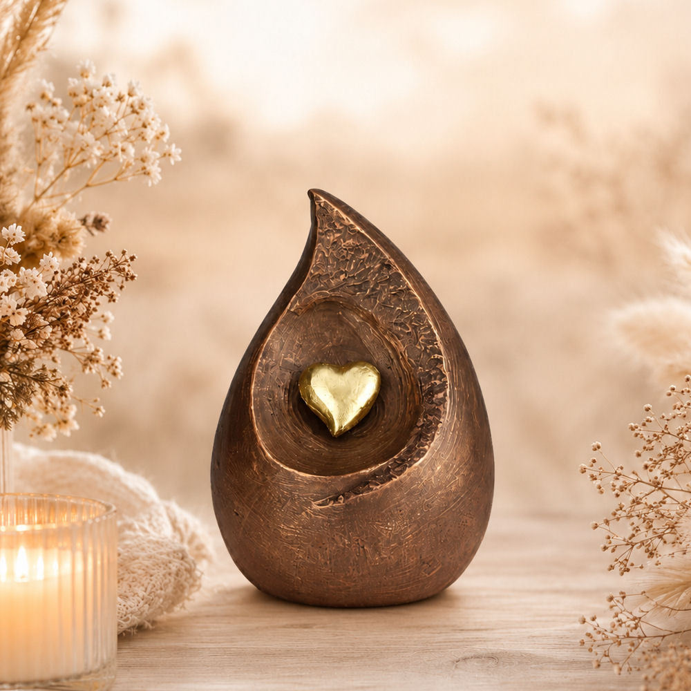Keramikurne in Tropfenform mit Herz – Symbol der Liebe