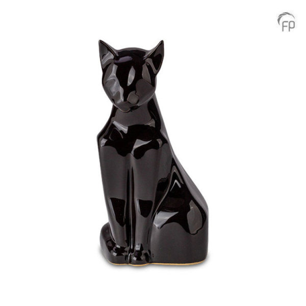 Katzenurne Keramik Katzenfigur sitzend Schwarz Glänzend Mit Beschriftung