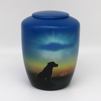 Tierurne mit Teelicht Hund im Sonnenaufgang